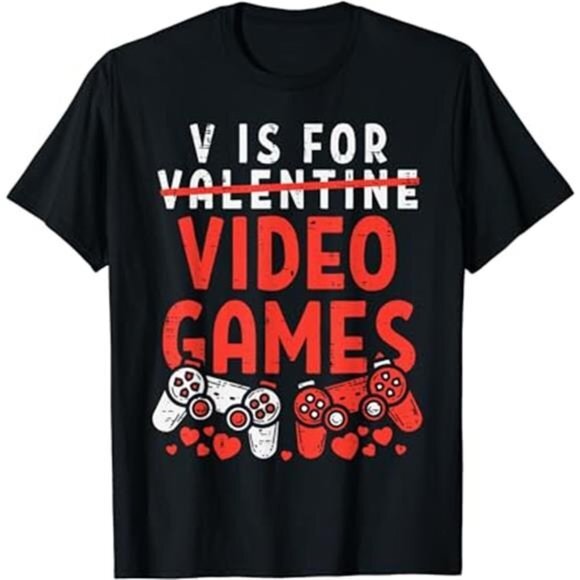 V Is For Video Games Funny Valentines Day Gamer Boy Men Gift T-Shirt - Picture 1 of 3